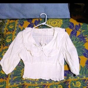 Vanilla Star Cream Ruffled Collar Smocked Waist Blouse